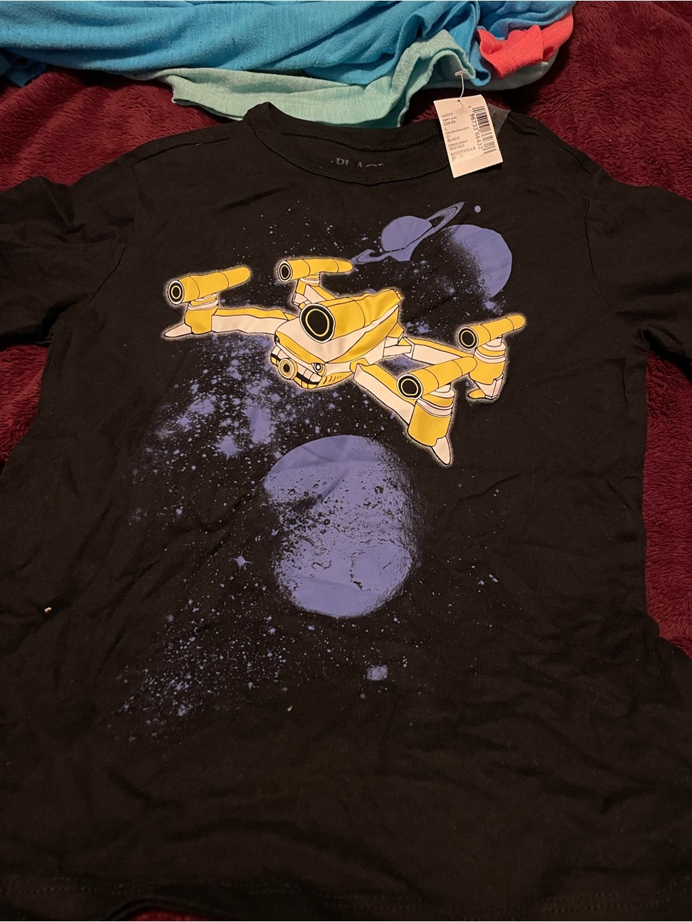 Place Black Tee with Yellow Spaceship and Purple Planets